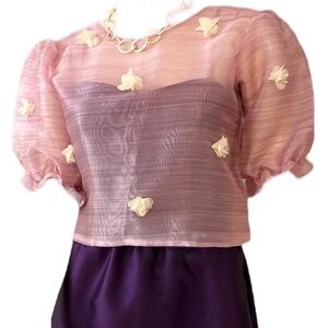 Pink Filipiniana Kimona Top with Flower accent Medium Pink